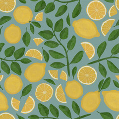 Lemon pattern with leaves light blue background 01