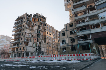 Impact on a high-rise building in the city of Dnipro, Ukraine. A residential building destroyed by...