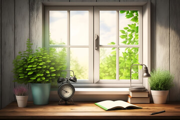 window with flowers and plants. Desk of free space with green plant and window of spring time, wooden background.  copy space 