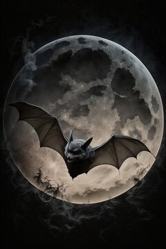 Creepy Bat Flying Over the Moon, Vampire, Horror - AI Generated