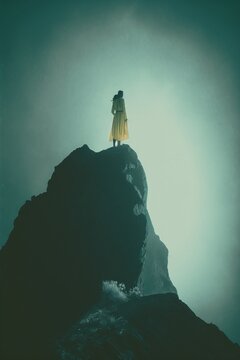 Woman on Top of a Cliff, Minimal Concept, AI Generated