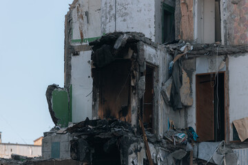 Impact on a high-rise building in the city of Dnipro, Ukraine. A residential building destroyed by an explosion after a Russian missile attack. Consequences of the explosion.