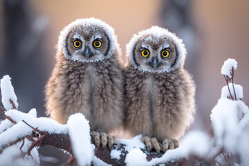two owls covered with snow sit on a branch