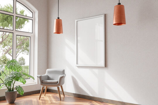 mock up poster frames in modern home interior with wooden parquet floor and single design chair in front of large window; 3D Illustration
