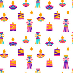 Diwali Lantern Seamless Pattern. Vector Illustration of Indian Holiday Celebration.