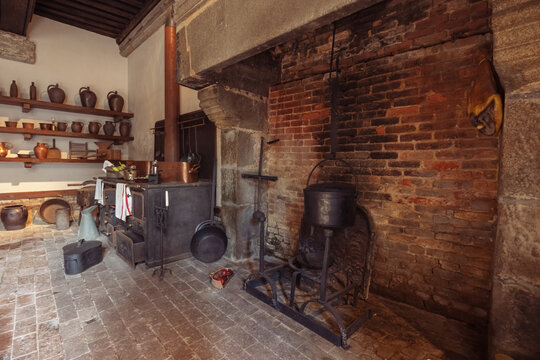 an ancient castle, an antique kitchen in a chateau in which cooks were prepared for kings and princes
