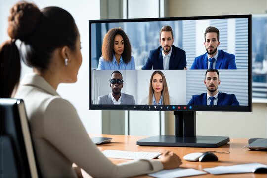 Diverse Company Employees Having Online Business Conference Video Call On Tv Screen Monitor In Board Meeting Room. Videoconference Presentation, Generative AI