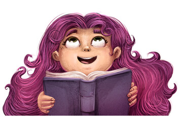 Illustration of little girl with open book in front of her face