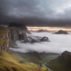 Obraz premium Clouds and mist roll in over the towering cliffs, painting