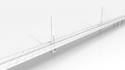 Suspension bridge bird eye view, white digital model, 3d render
