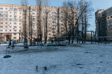 Impact on a high-rise building in the city of Dnipro, Ukraine. A residential building destroyed by...