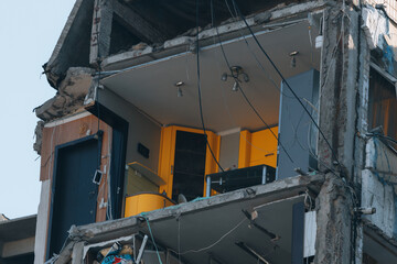 Impact on a high-rise building in the city of Dnipro, Ukraine. A residential building destroyed by an explosion after a Russian missile attack. Consequences of the explosion.