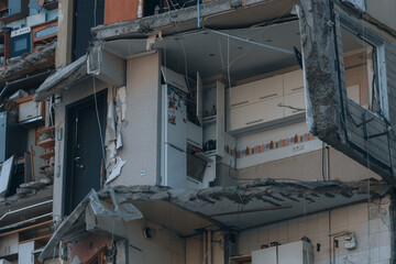 Impact on a high-rise building in the city of Dnipro, Ukraine. A residential building destroyed by...