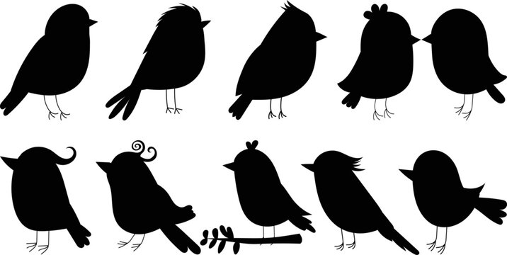 cartoon birds silhouette set isolated, icon, vector