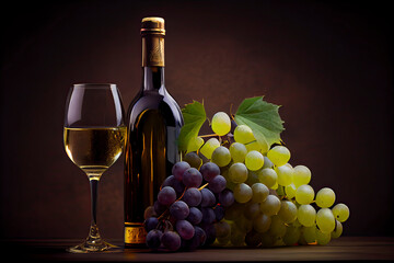Fototapeta na wymiar A bottle of white wine, glass and grapes