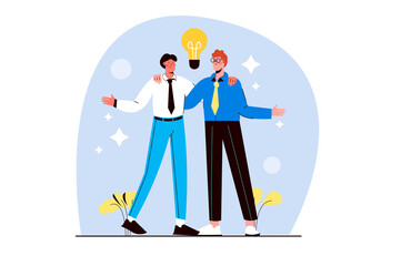 Business solution blue concept with people scene in the flat cartoon design. Two business partners made an important decision that will facilitate the company's work.