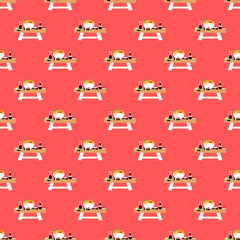 Sushi Table Seamless Pattern. Vector Illustration of Japanese Asian Kitchen Cafe.