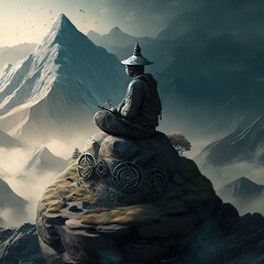 person watching sunset, sunset in the mountain, buddhist, Generative AI