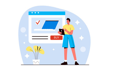 Online shopping blue concept with people scene in the flat cartoon style. Guy chooses a new laptop in an online store.