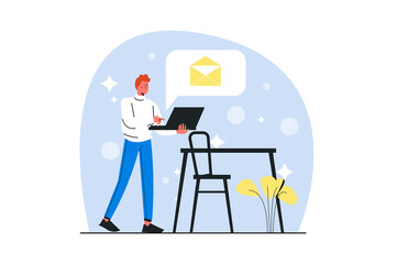 Social marketing blue concept with people scene in the flat cartoon style. Marketer analyzes data from social surveys regarding public needs.