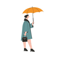 Stylish woman with umbrella. Cartoon female character holding parasol, spring autumn rainy season. Vector illustration