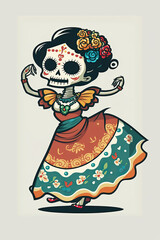 Dancing sugar skull woman character, day of the dead, generative ai