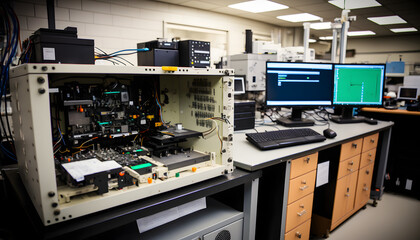 Mechatronics laboratory: A photo of a laboratory with mechatronics equipment, showcasing the integration of various engineering disciplines in the field.