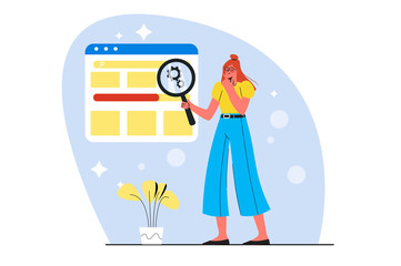 Blue concept Optimize website with people scene in the flat cartoon style. Programmer revises the site's settings to improve its performance.