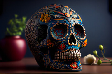  Decorated colorful skull.  Day of dead, Mexico.  Generative AI.