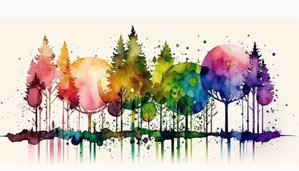 trees forest alignment watercolor background with splashes isolated made by ai