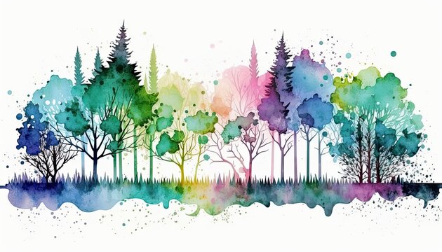trees forest alignment watercolor background with splashes isolated made by ai