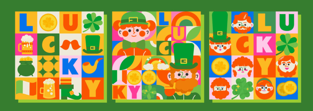 3 templates for St. Patrick's Day. Bright design, lots of festive elements, boys and girls in green, and leprechauns. This design will make your project interesting and noticeable!
