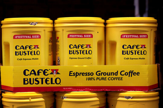 Honolulu, HI - December 20, 2022: Popular Latin American Brand Cafe Bustelo Yellow Bulk Container On Wholesale Shelf