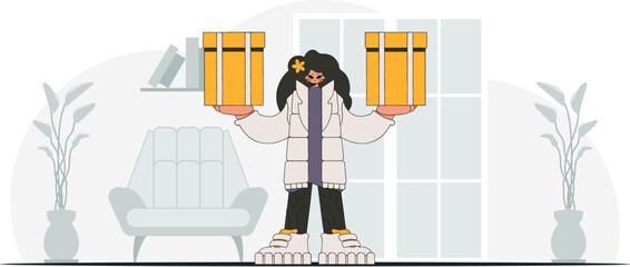 Lovely woman is holding boxes. A graphic representation of the dispatch of consignments and cargo