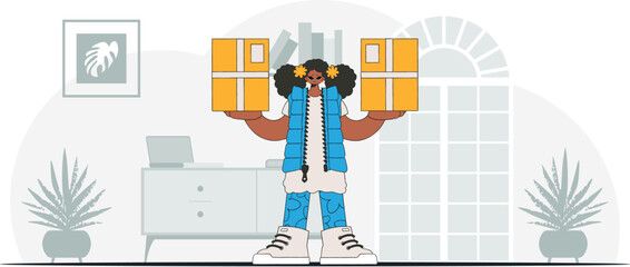 Lovely woman is holding boxes. A visual representation of the shipment of deliveries and freight