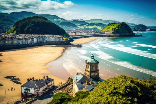 Scenery on a tropical beach in San Sebastián, Spain, is picture-perfect. Generative AI