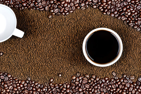 Top view of a coffee cup on a textured brown background with roasted coffee beans. Ai-generated decorative design illustration.