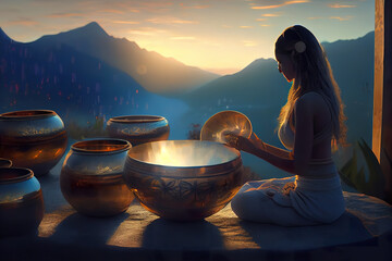 a woman engaging in sound healing therapy with Tibetan singing bowls at sunset in a tranquil mountain setting, evoking a sense of peace and spiritual rejuvenation  