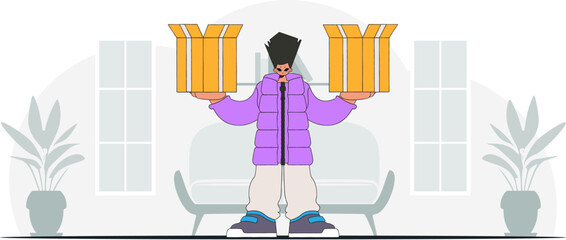Charming man holding boxes in his hands. A graphic representation of the dispatch of consignments and cargo