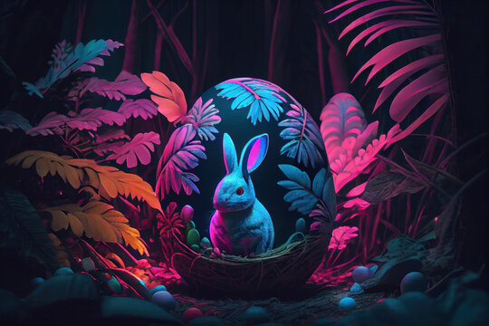 Colorfully Neon Easter eggs in a tropical environment on tropical green palm leaves and a white rabbit nearby. Generative AI