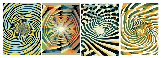 Set of backgrounds for text psychedelic illusions. Set of optical illusion backgrounds. Waves and explosions, lightning and sun