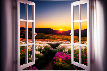  Window with  landscape view.  Open window to the garden. Generative AI.