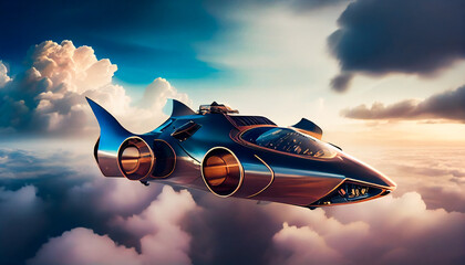  A model of a flying luxury car in the air above the clouds.  Generative AI.