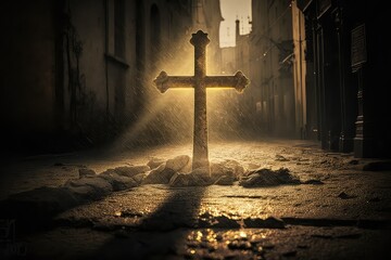 Rain of Blessing: A Glowing Christian Cross in the Street