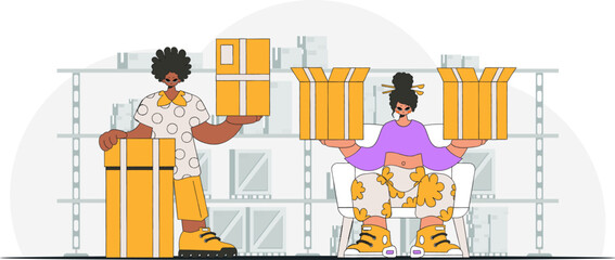 Delightful man and woman are holding boxes in their hands. Parcel delivery team. An art piece showcasing the conveyance of parcels and goods