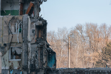 Impact on a high-rise building in the city of Dnipro, Ukraine. A residential building destroyed by...
