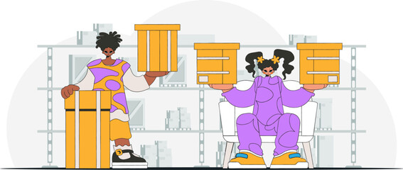 Delightful man and woman are holding boxes. Parcel delivery team. A visual representation of the shipment of deliveries and freight