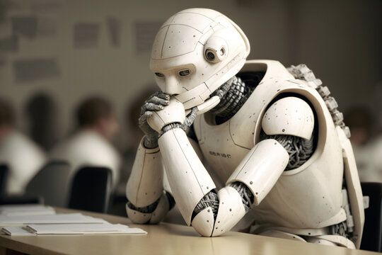 Sitting futuristic robot AI with interrogative expression and doubts to complete a written test, generated by IA