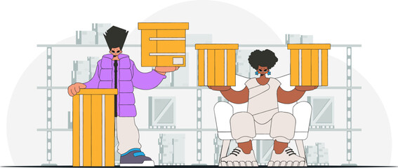 Charming woman and man are holding boxes in their hands. Parcel delivery team. An art piece showcasing the conveyance of parcels and goods