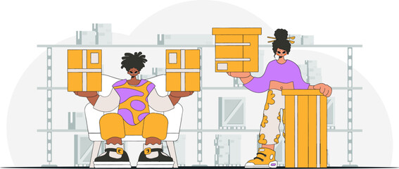 Charming woman and man are holding boxes in their hands. Parcel delivery team. A painting depicting the distribution of packages and shipment of cargo.